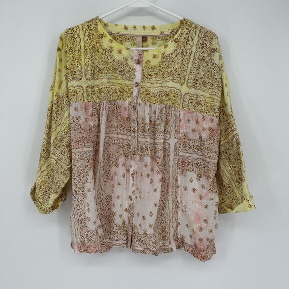 Pilcro Tops - Pilcro Anthropologie Blouse Womens Medium Yellow Pink Boho Peasant Long Sleeve